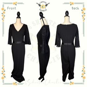 Calvin Klein Women's Sequined Lace Bell Sleeve Long Evening Dress Size 6 Black